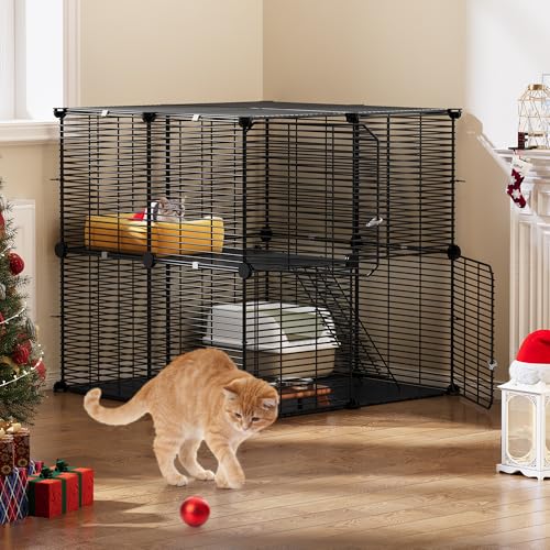 YITAHOME Cat Cage Indoor Cat Enclosures 2-Tiers DIY Cat Playpen, Cat Cage with Metal Wire Dense, Cat Pet Playpen Metal Kennel for 1-2 Cats, Ferret, Rabbit, Small Animals, Black, 71x 71x71cm - Click to Buy