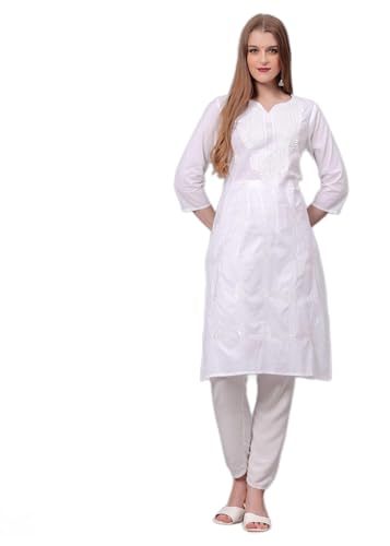 JG JAI GOVINDAM Indian Hand Embroidered White Kurti for Women Chikankari Straight Cotton Long Kurti's Tunic Kurta Dreses for Women (Medium) - Click to Buy