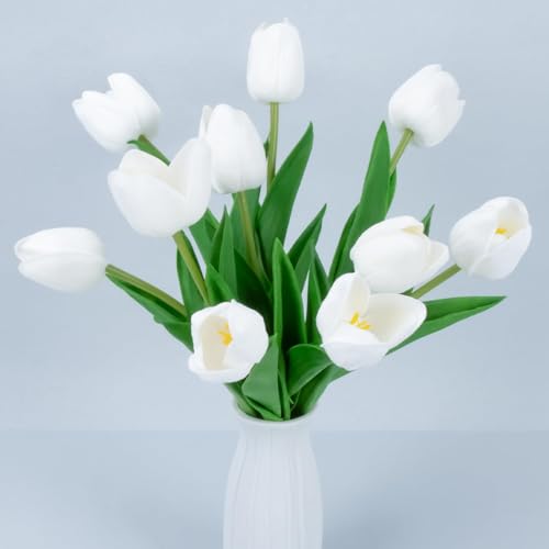 MAQIHAN 10 White Tulips Artificial Flowers - Fake White Tulips Real Touch Flowers Artificial Tulips That Look Real Realistic Faux Plastic Flowers Bouquet Arrangements for Home Dining Table Decoration - Click to Buy