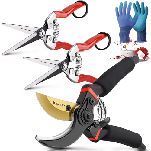 Kynup Sécateur de Jardin, 3 Pièces Ciseaux Jardinage, Sécateur Professionnel kit avec gants de Jardinage, Coupe Branche, Outil de Jardin - Click to Buy