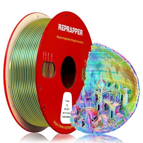 Reprapper Tri Color PLA Filament, PLA 1.75mm for 3D Printer, Multicolor Like Dual Color Rainbow 1kg PLA, 2.2lbs, Coextrusion Silk PLA Red/Gold/Blue