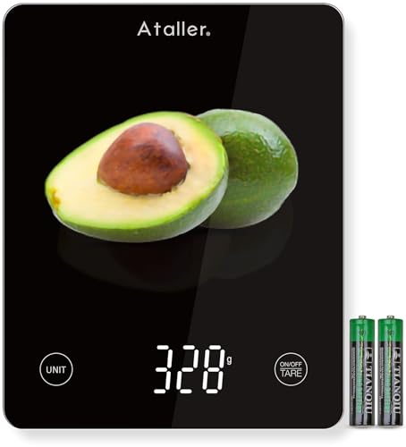 Ataller Digital Food Scale, Tempered Glass Panel, 10Kg/22lb Capacity, Kitchen Weighing Scales with LED Display and 1g Increments for Baking, Cooking, Keto and Meal Prep, Black - Click to Buy