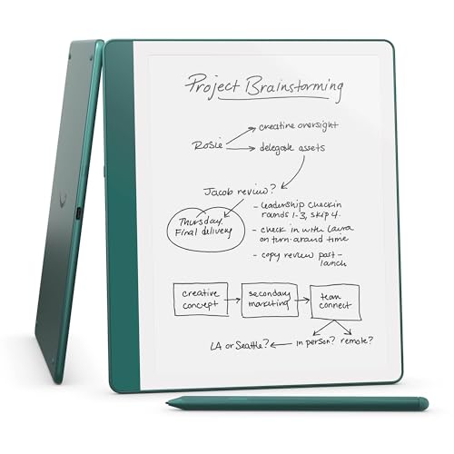 Amazon Kindle Scribe (64GB) - Redesigned display with uniform borders. Now write directly on books and documents. With built-in notebook summarization. Includes Premium Pen - Metallic Jade