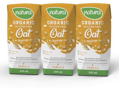 NATURA Mini Vanilla Oat Milk - Organic & Gluten Free - Dairy Free - Vegan - Shelf Stable - Plant Based Beverage - Non-GMO - Perfect for Lunch Box - Made in Canada | 200ml (Pack of 3) - Click to Buy