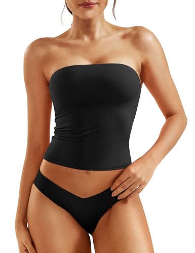 YEOREO Women's Double Lined Tube Tops Full Length Fitted Sexy Sophie Tops Strapless Non See Through Bandeau Going Out Basic Shirts Black Medium - Click to Buy