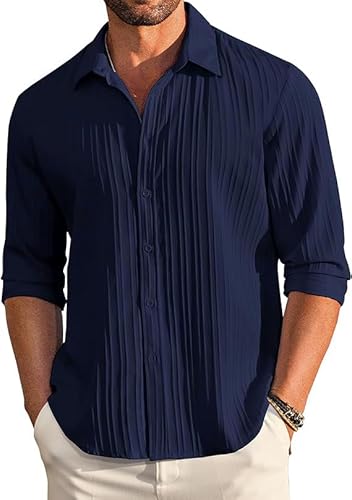 CB-COLEBROOK Men's Casual Button Down Shirts Long Sleeve Linen Shirt Fashion Textured Beach Summer Shirt (in, Alpha, L, Regular, Navy Blue) - Click to Buy