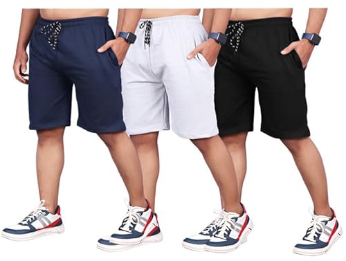 QUIXEL Men's Shorts | Shorts for Men's | Men's Cotton Shorts... (L - Black, Navy & Grey) - Click to Buy