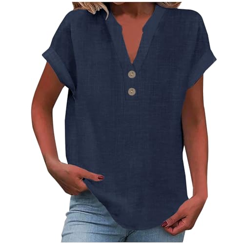 2025 Women's Blouses Cotton Linen V Neck Button Short Sleeve Tops Spring Summer Tees Trendy Casual T-Shirts Navy - Click to Buy