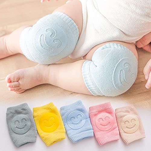 MOMITTLE - Pack Of 2 Pair Baby Smiley Knee Pads For Crawling, Anti-Slip Padded Stretchable Elastic Cotton Soft Breathable Comfortable Knee Cap Elbow Safety Protector Random Color,Sky Blue - Click to Buy