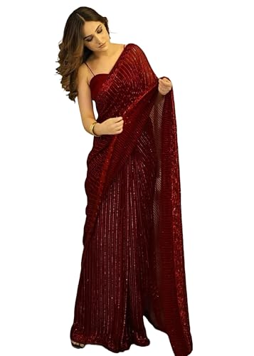 Cocktail Party Bollywood Indian Women Georgette Saree Blouse Fancy Muslim Sari 7684, Maroon, Standard - Click to Buy