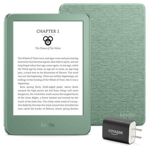 Kindle Essentials Bundle including Kindle (2024 release) - Matcha, Fabric Cover - Matcha, and Power Adapter - Click to Buy
