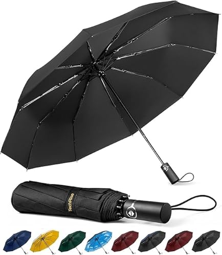 TechRise Regenschirm Taschenschirm Sturmfest Groß -10 Rippen Windsicherer Sturm Taschenschirm Schirm, automatisch kompakt mit einem Knopf Öffnen und Schließen automatisch – Schwarz - Click to Buy