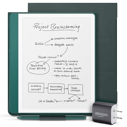 New Amazon Kindle Scribe Essentials Bundle including New Kindle Scribe (64GB) - Metallic Jade, Premium Pen, Premium Leather Folio-Dark Emerald, and Power Adapter
