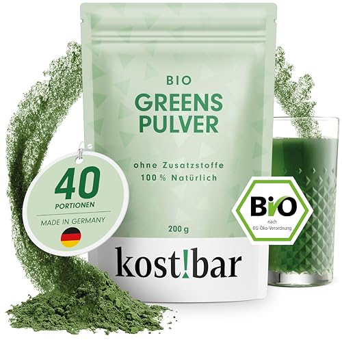 kost!bar BIO Greens Pulver [40 Portionen] 5 Grassaftpulver inkl. Gerstengras für Immunsystem, Muskeln, Stoffwechsel, Haut & Sehkraft - Grüner Helfer ohne Zusatzstoffe - Vegan & perfekt für Smoothies - Click to Buy