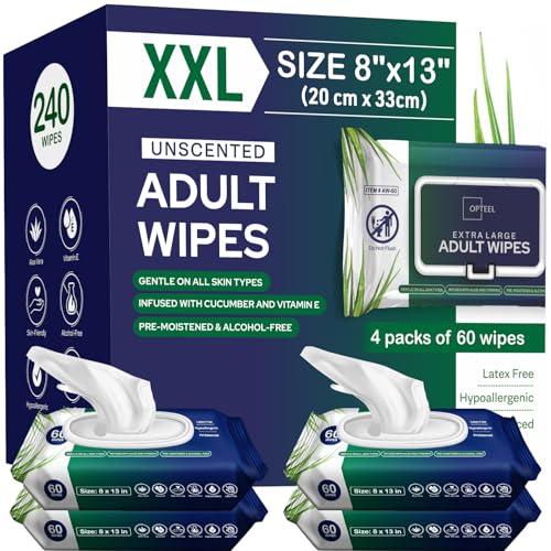 Adult Wipes For Elderly - 8"x13" 240ct (4 Packs of 60) Huge & Soft Non-Flushable Body Wipes for Adults Bathing No-Rinse - Incontinence Disposable Washcloths, Vitamin E & Aloe Infused Shower Wipes. - Click to Buy