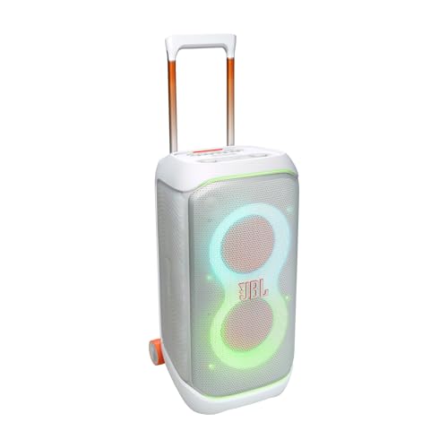 JBL Partybox 320, Portable Bluetooth 240W Party Speaker, AI Sound Boost, Futuristic Light Show, Multispeaker Connection by Auracast, Telescopic Handle & Wheels, Dual Guitar & Mic Inputs (White)