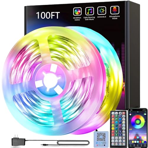 smareal Led Lights Strip for Bedroom 100ft（2Rools of 50ft）, Smart APP Control Music Sync Led Strip Lights RGB Color Changing Led Lights Strips with Remote Led Lights for Bedroom Kitchen and Party - Click to Buy