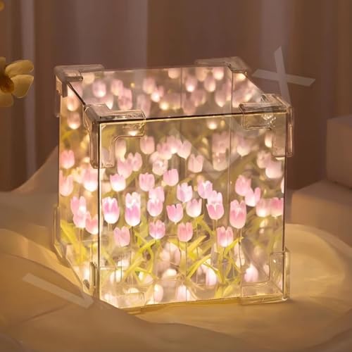VazzLox DIY(Do It Yourself) Tulip Lamp Mirror Cube 30 Flowers LED Decorative Lamp Handmade 2 in 1 Table Ornaments & Mirror DIY Infinite Tulip Light Lamp for Bedroom Living Room Decor Gift - Multicolor - Click to Buy