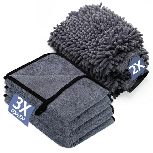 YSWOVUO 5 Stück Autopflege Set mit 3er Mikrofasertücher Auto & 2er Mikrofaser Waschhandschuh Auto, 600 GSM Trockentuch Extra Saugstark 100% Kratzfrei & Schonend, zum Polieren (40 x 30 cm) - Click to Buy