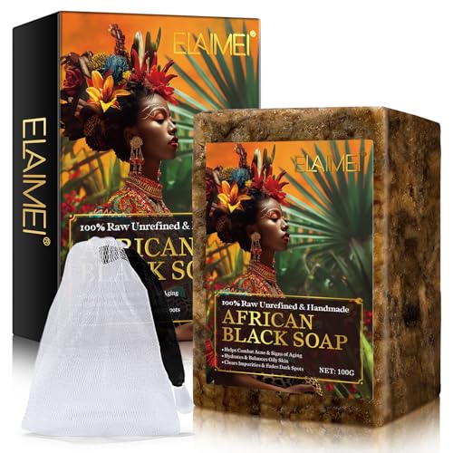 Afrikanische Schwarze Seife 100g, Bio Handgemacht Afrikanische Schwarze Seife, Gleicht Fettige Haut Aus, Akne Bekämpfen & Anti-Ageing, Klärt Unreinheiten & Lässt Dunkle Flecken Verblassen