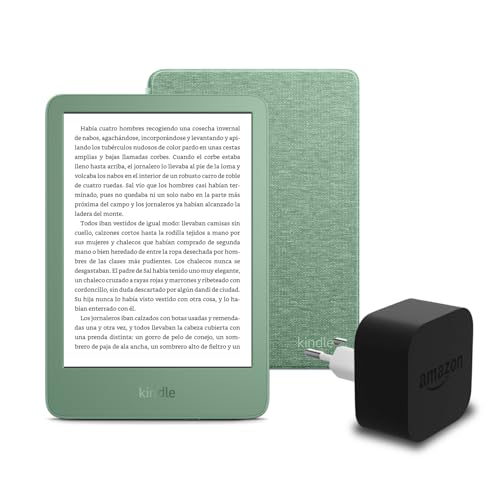 Den neuen Kindle (2024 Release) 16 GB mit Werbung, eine Amazon-Stoffhülle und ein Amazon Powerfast 9-W-Netzteil.
