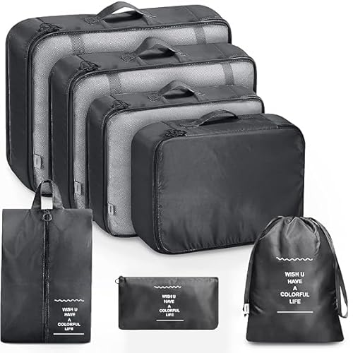 Lyrovo [UPDATED] 7pcs Travel Packing Cubes for clothes Laundry Toiletry Cosmetics Luggage Makeup Pouch Accessories Organizer Bag (Black) - Click to Buy