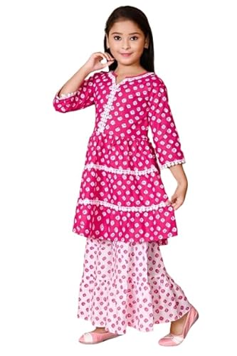 Girls Pink Bandhani Printed with Cotton Flower Lace Kurta with Sharara Suitable for 6 Years-7 Years - Click to Buy