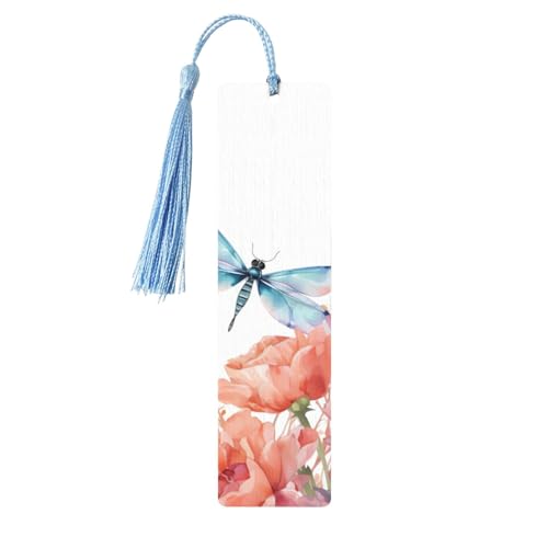 Watercolor Flowers with Dragonfly Bookmark, Wooden Bookmarks for Book Lovers Handmade Wood Book Mark with Tassel Reading Page Markers Ornament Wooden Gift Tags Labels for Craft Decorations - Click to Buy
