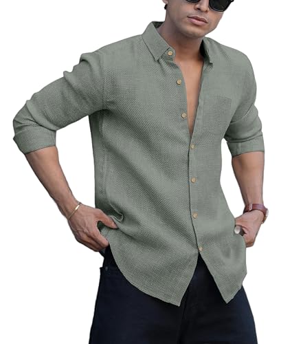 Men's Solid Linen Cotton Shirt | Casual | Plain | Full Sleeve | Summer-Regular Fit| Men Stylish Shirt | Everyday Formal Wear (in, Alpha, M, Regular, Grey) - Click to Buy