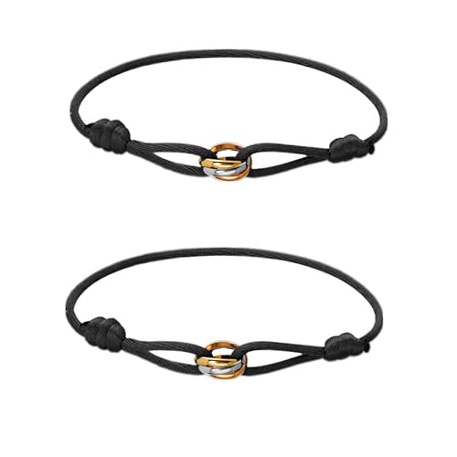 Azlanway Segeltau Damen Armband Tricolor, 2 Stück Paar-Armband, Kordelarmband mit Edelstahl Ring in Silber, Gold & Roségold, Freundschaftsarmbänder, Einstellbares Handgelenk Armbänder, Schwarz - Click to Buy