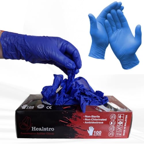 Healstro Nitrile Hand Gloves, Pack of 100, Medium, Blue | Powder Free, Latex Free, Food Grade, ISO Approved, Non Sterile, Medical Use | Multi Purpose Gloves for Cooking, Cleaning & Food Handling - Click to Buy