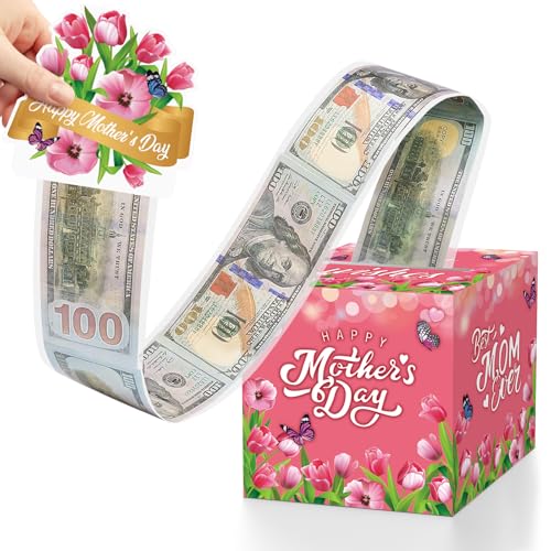 Mothers Day Money Box for Cash Gift Pull, Money Pull Box Gift Best Mom Ever, Funny Mothers Day Money Pull Box, Happy Mother’s Day Box for Cash with Pull Out Card DIY Set from Daughter Son (Tulip)