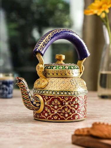 Gaurav Prime Item Present Handpainted Rajasthani Traditional Aluminium Decorative Tea Kettle - Colorful, Unique Design (8.5 x 8.25 x 5.5 Inches) - Click to Buy