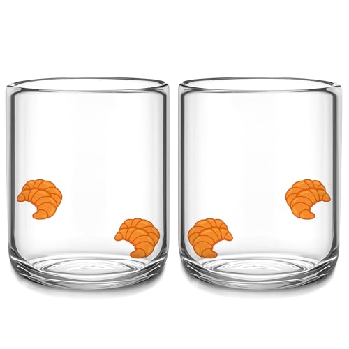 Funnymoom 2 PCS Icon Juice Glasses - 14oz Old Fashioned Icon Stemless Wine Drinking Juice Cocktail Coffee Glasses Cups for Women Home Summer Party Supplies Gift(Croissant Style)